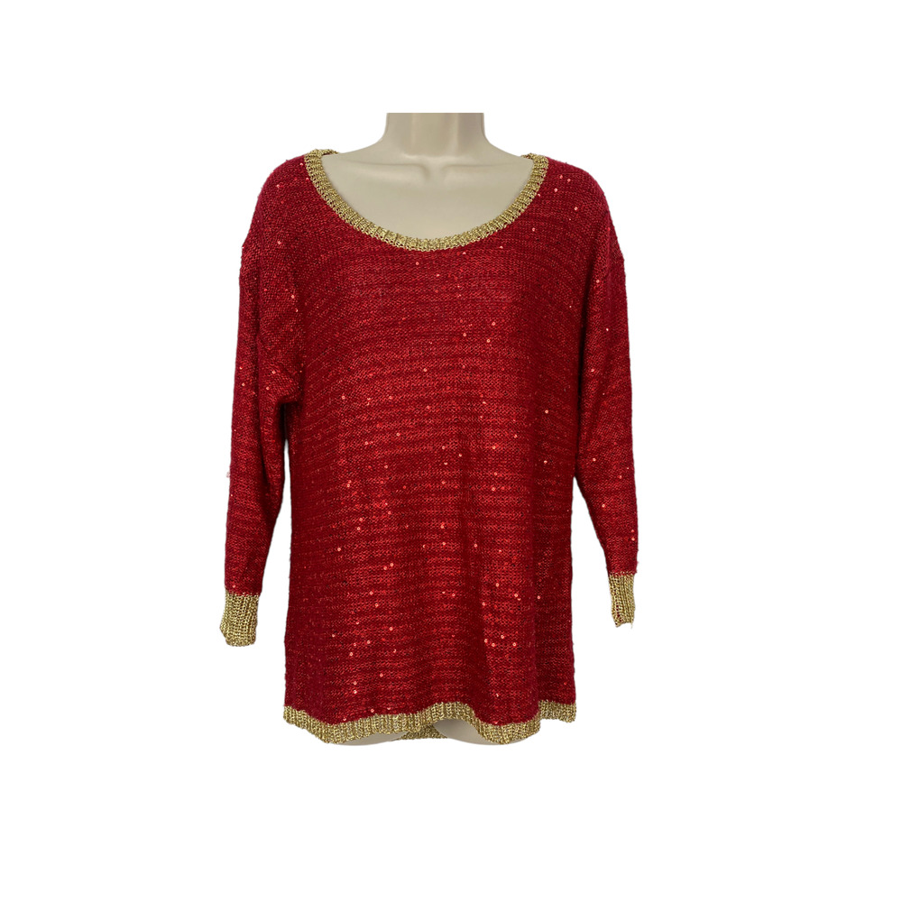 Reba Tunic Sweater Medium Sequin Red Gold Pullover Christmas Holiday Party Bling